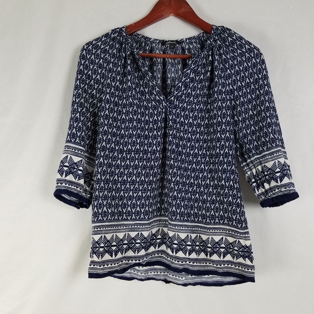 Soiree Shirt Womens Small Blue Top Geometric 3/4 Sleeve Split Neck‎ Blouse